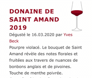 Yves Beck note 88-90 le millésime 2019 du Domaine de Saint Amand Cadillac Côtes de Bordeaux