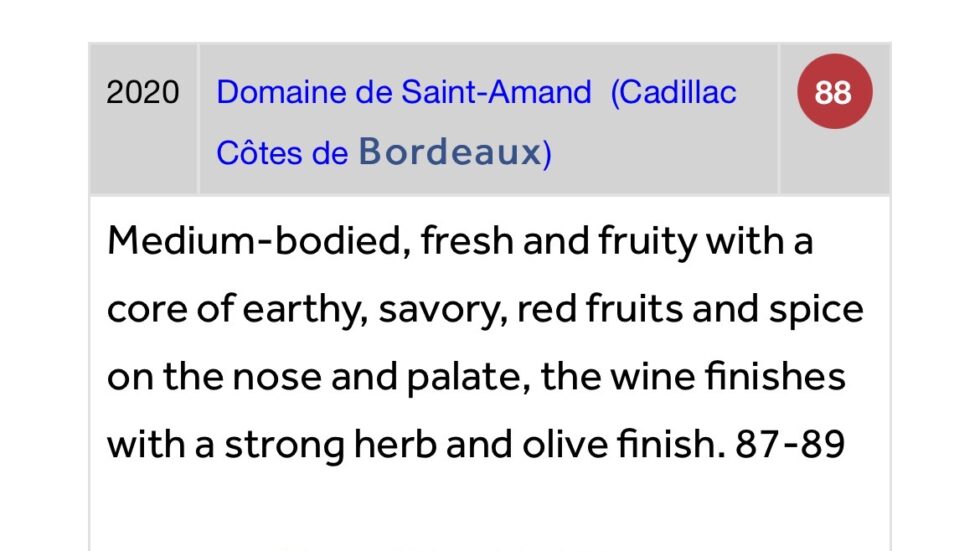 Jeff Leve note 88 le millésime 2020 cuvée DSA Cadillac Côtes de