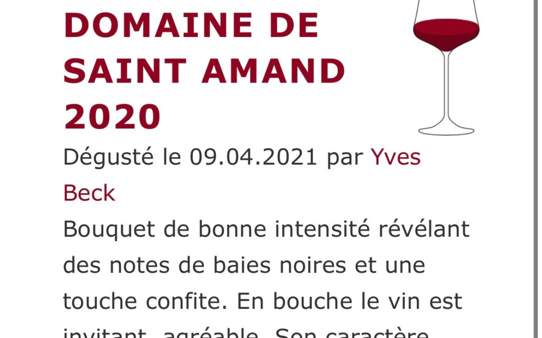 Yves Beck note 88 le millésime 2020 cuvée DSA Cadillac Côtes de Bordeaux