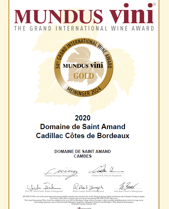 Le Domaine de Saint Amand rouge 2020 obtient une médaille d’OR au concours MUNDUS VINI Spring 2024