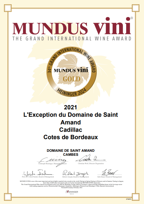 La cuvée rouge Exception 2021 obtient une médaille d’OR au concours Mundus Vini Spring 2024